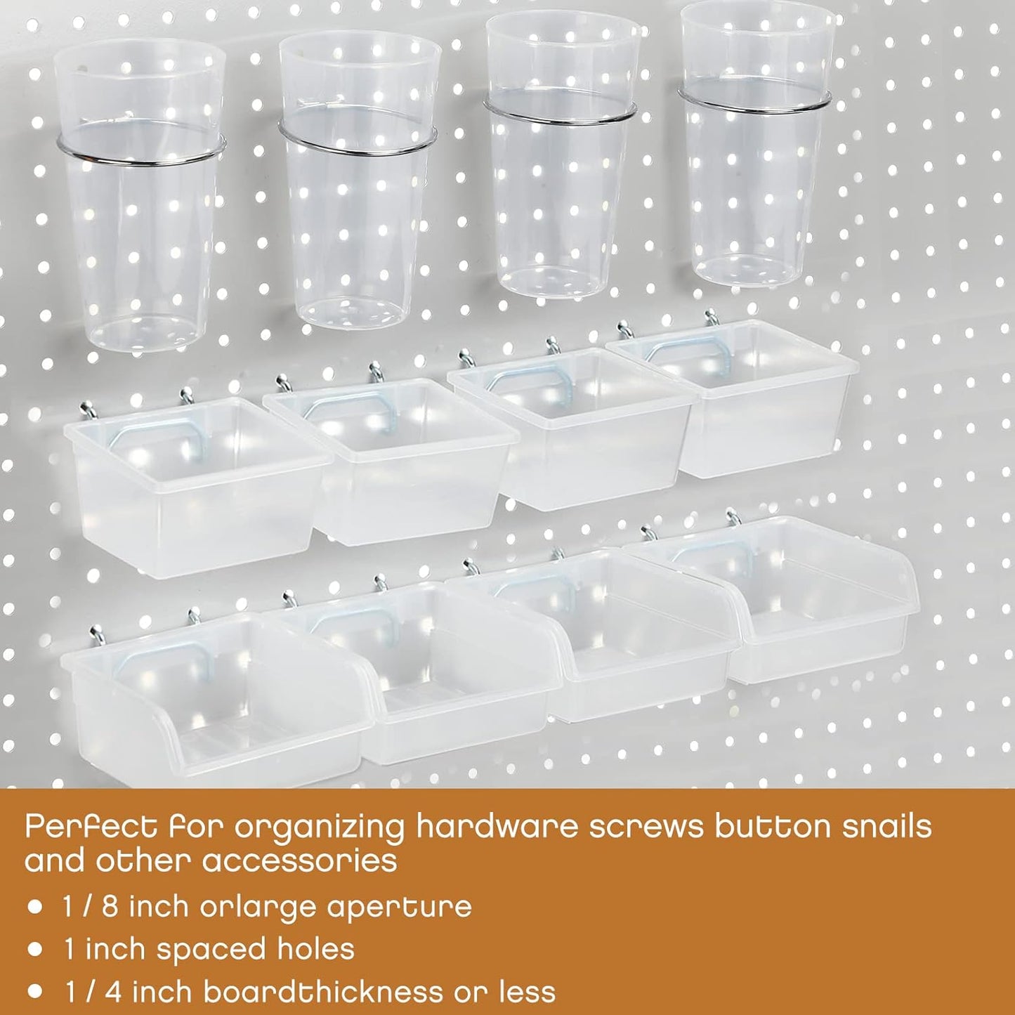 Yookeer 20 Pcs Pegboard Bins and Cups with Hooks and Loops Peg Assortment Organizer Accessories Various Tool Organizer Pegboard Baskets Set for Garage Workshop Workbench Office(Clear)