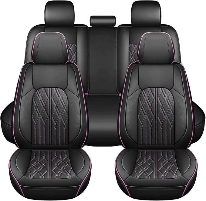 Huidasource Car Seat Covers Full Set, Waterprof Nappa Leather Automotive Seat Cover for Most Car SUV Pickup Truck, Universal Fit for Honda for Hyundai for BMW for Mazda(Full Set/Black&Purple)