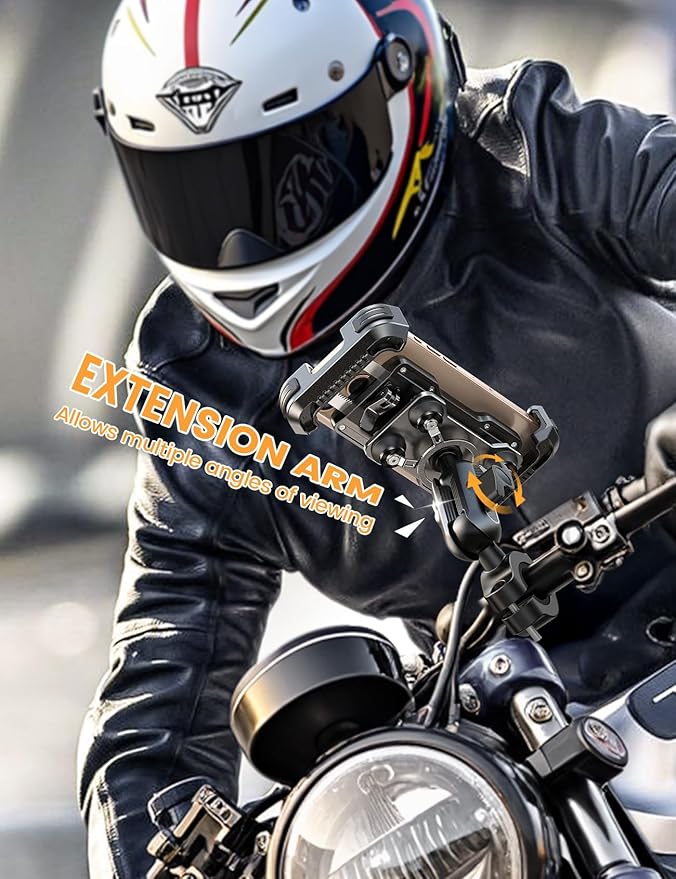 Lamicall Motorcycle Phone Mount Holder - [Metal Extension Arm] [Dual Vibration Dampener] Motorcycle Cell Phone Mount, Bike Bicycle Handlebar Phone Clamp, for iPhone 16/15/ 14 Pro Max, 4.7-6.7" Phones