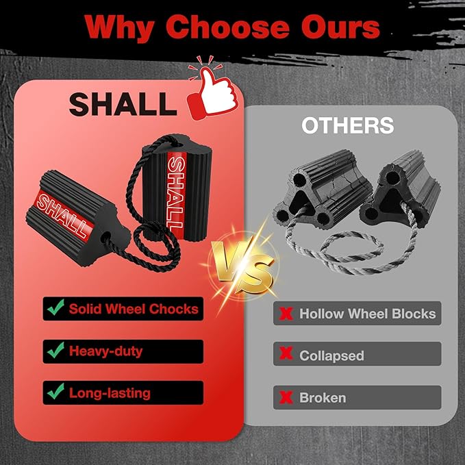 SHALL Wheel Chocks, Heavy Duty Rubber Wheel Chocks with 3 Reflective Strips, Solid Block Stopper for RV Trailer Camper Truck Car Aircraft, 2 Pair/4 Pack with Rope, Red