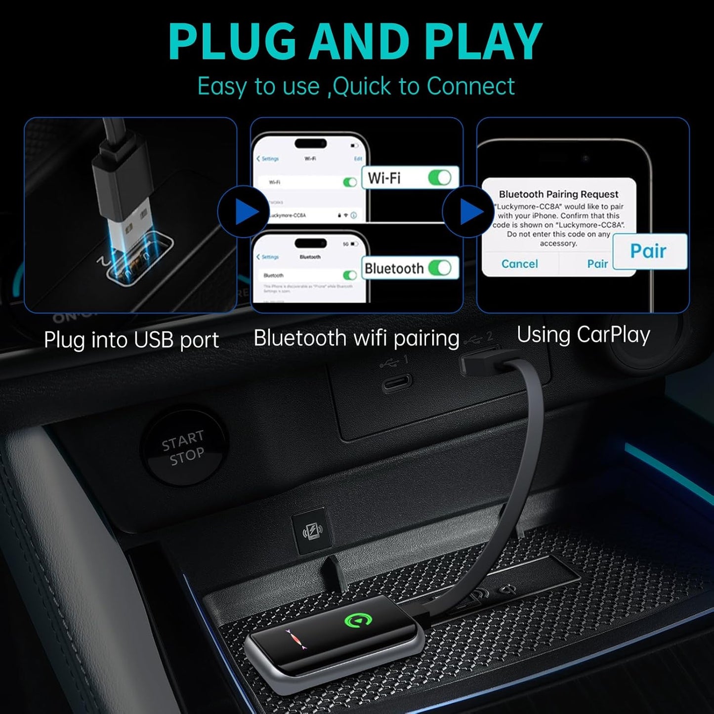 Wireless CarPlay Adapter for iPhone - Convert Wired to Wireless Apple CarPlay Adapter, Plug & Play, No Delay,Mini Size with Extension Cable USB-C Compatible with Built-in CarPlay & iOS 10+