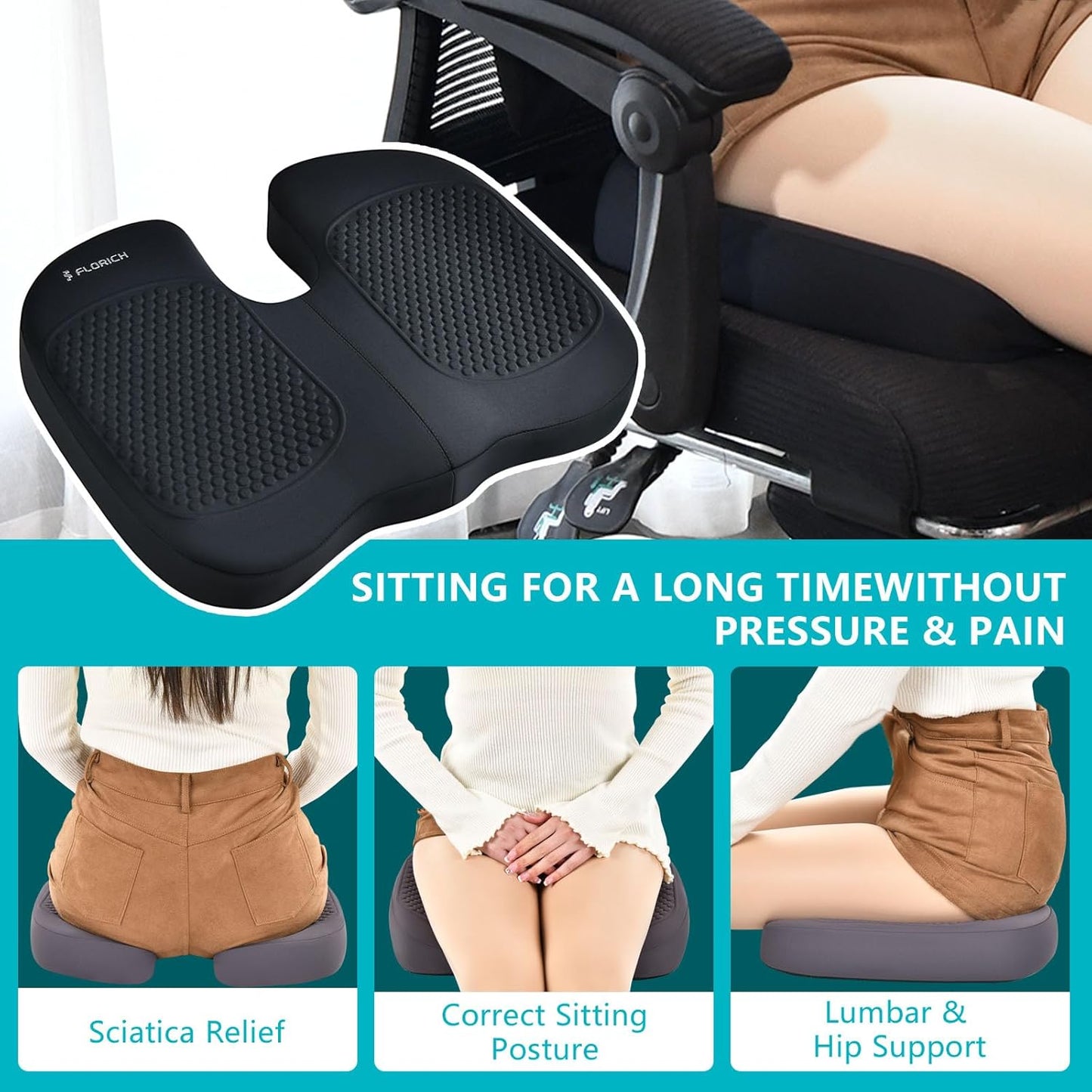 FLORICH Car Seat Cushion and Back Support for Office Chair Memory Foam Chair Cushions Pressure Relief Seat Pads with Gel Massage Point Lumbar Support(Black)