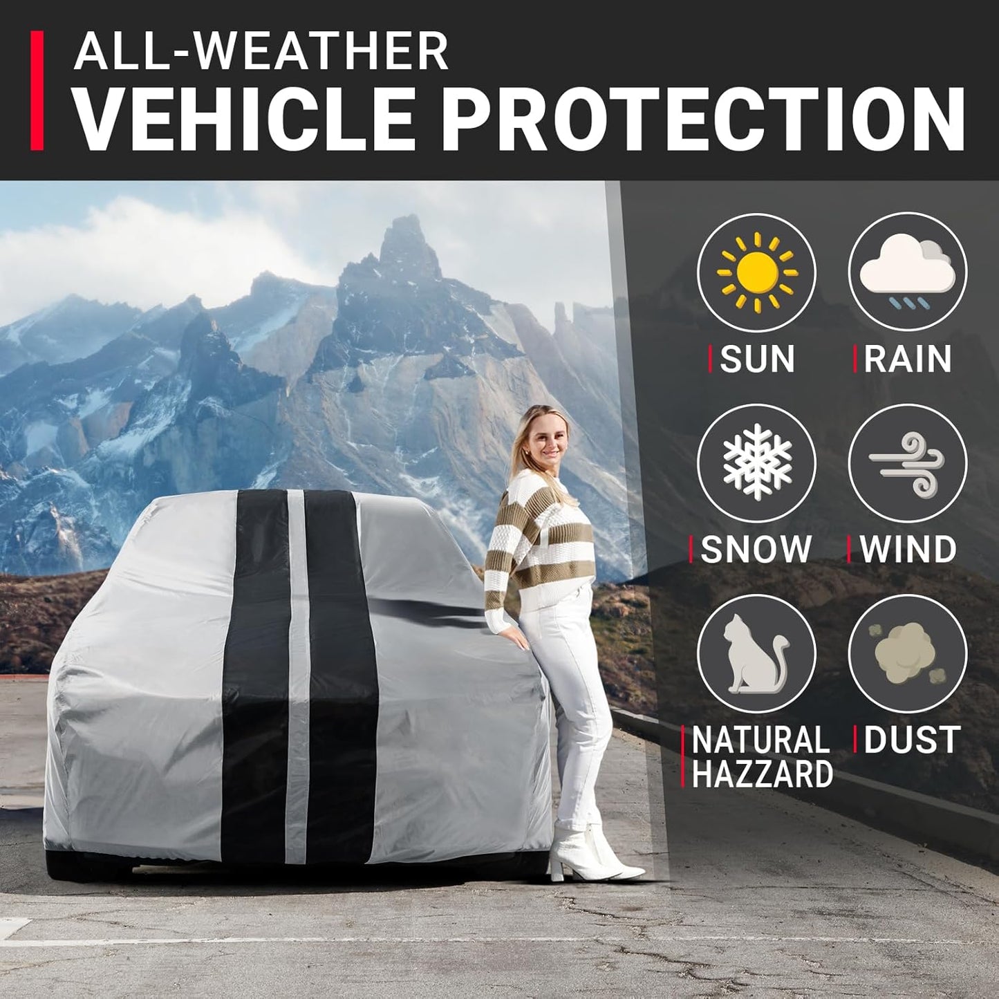 iCarCover Custom Car Cover for Pontiac Bonneville Wagon (1959-1970) Waterproof All-Weather Rain Snow UV Sun Protector Full Exterior Indoor Outdoor Car Cover (Stripe - Gray/Black)
