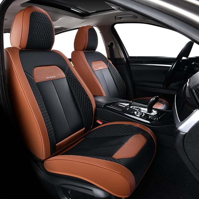 FLORICH Universal Car Seat Covers for Front Seats, Leather Seat Covers Universal Anti-Slip Driver Seat Cover, Automotive Vehicle Seat Covers fit for Trucks Vans SUVs Sedans (2 Packs, Brown&Black)
