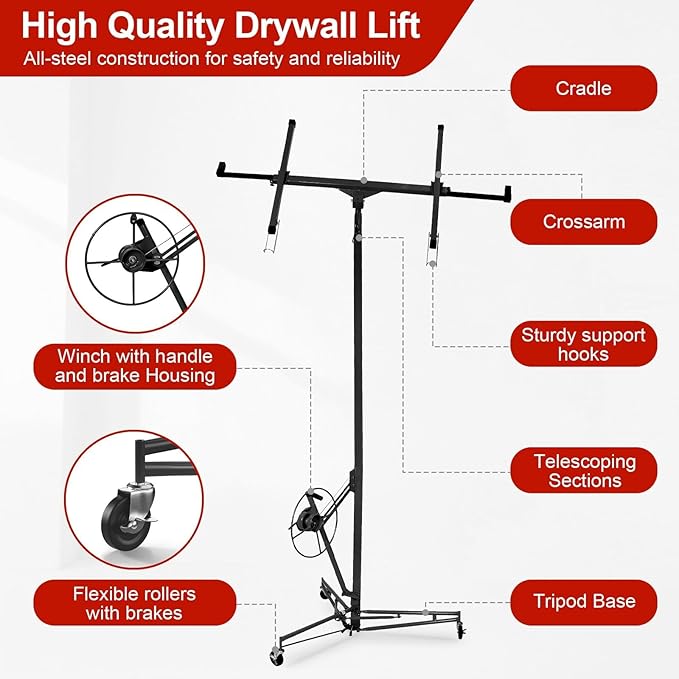 13FT Drywall Lift Sheetrock Lift, 150LBS Capacity, Drywall Lift Panel Hoist with Telescopic Arm, Drywall Jack Lift with 3 Lockable Wheels for Home Improvement Classic, 4'x16' Panel Size, Black