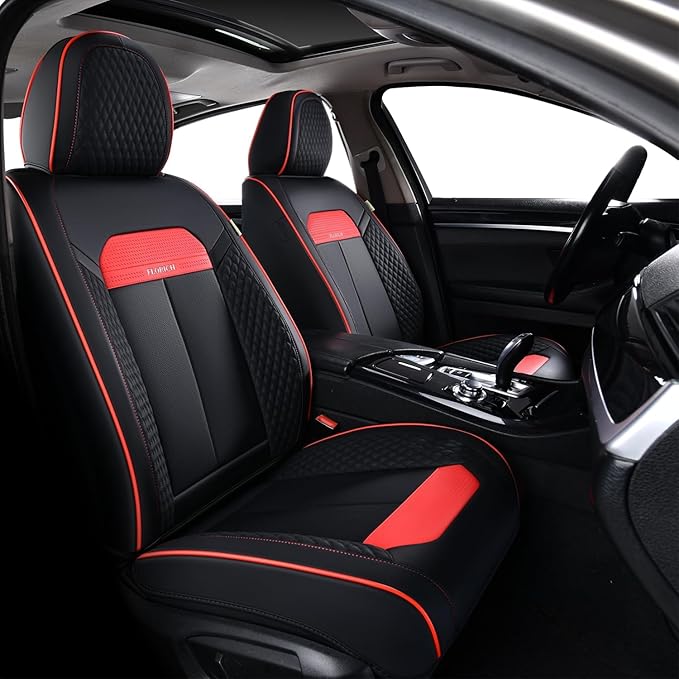 FLORICH Front Seat Covers, Luxury Car Seat Cover with Waterproof Leather, Automotive Vehicle Seat Covers for Cars Trucks Vans SUVs Sedans (2 Packs, Black&Red Line)