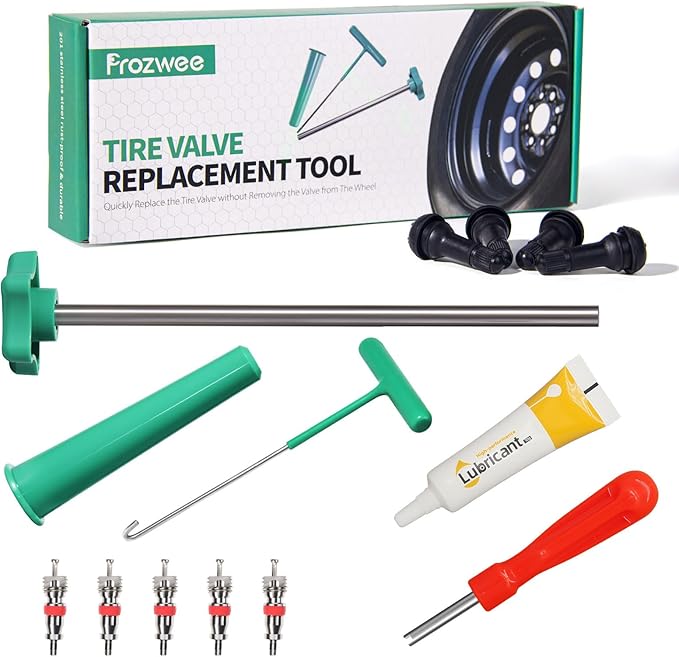 Tire Valve Stem Core Quickly Replacement Tool Kit,with 5PCS Valves Cores & 1PCS Grease,Perfect Tool for Replacing Leaky Valves in Cars,Trucks,Motorcycles, etc.with 4PCS TR413 Valve Stems ﻿