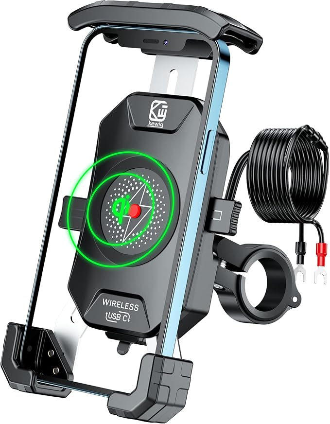 BRCOVAN Motorcycle Phone Mount Holder with Qi 15W Wireless Charger & PD/USB-C 20W Fast Charging Port, [1s Lock] Cellphone Cradle with Aluminum Alloy Handlebar Mounting Base for 4-7'' Smartphone