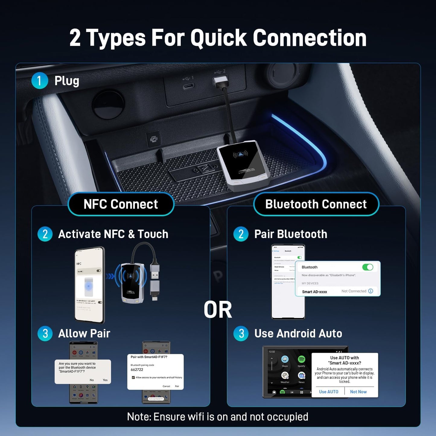 Android Auto Wireless Adapter with NFC, 2024 Upgraded Android Auto Dongle, Low Latency, 5.8GHz Wifi, Plug & Play Converts Wired to Wireless for Android 11+ & Cars with Factory Wired Android Auto