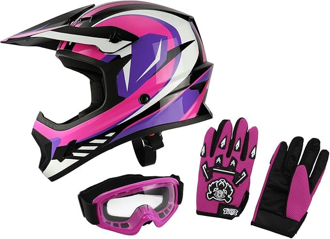 XFMT DOT Youth Kids Dirt Bike Helmet Full Face Motocross Helmets for Off-Road ATV Street Bike Four Wheeler Motorcycle with Goggles & Gloves, Rose Red X-Large