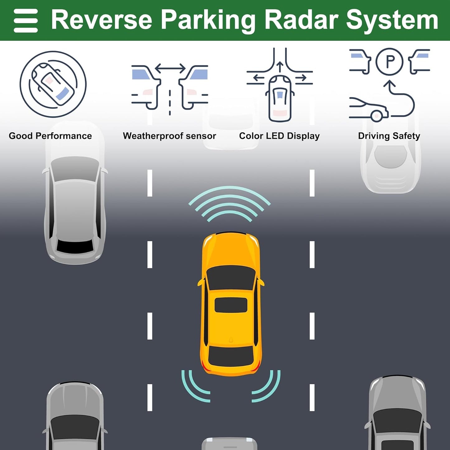 Motoforti Universal Car Auto Vehicle Reverse Backup Radar System Reverse Parking Sensors Alarm Buzzer Reminder Distance Detection Silver Tone 4Parking Sensors