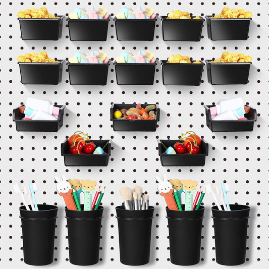 Yookeer 20 Pcs Pegboard Bins and Cups with Hooks and Loops Peg Assortment Organizer Accessories Various Tool Organizer Pegboard Baskets Set for Garage Workshop Workbench Office(Black)
