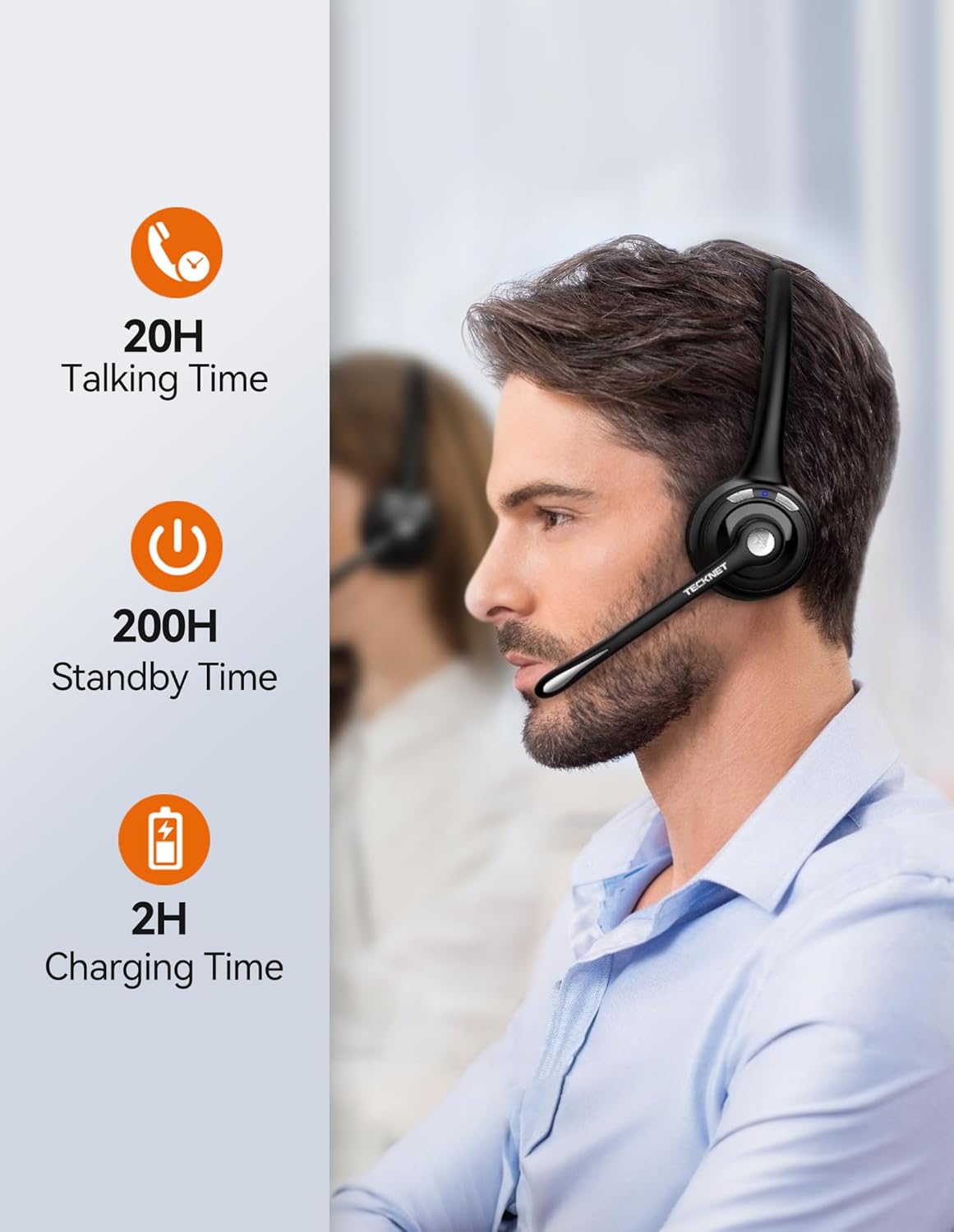 TECKNET Bluetooth Headset, Wireless Headset with Noise Canceling Microphone for Trucker, On-Ear Bluetooth Headphone with Mute Mic for Work