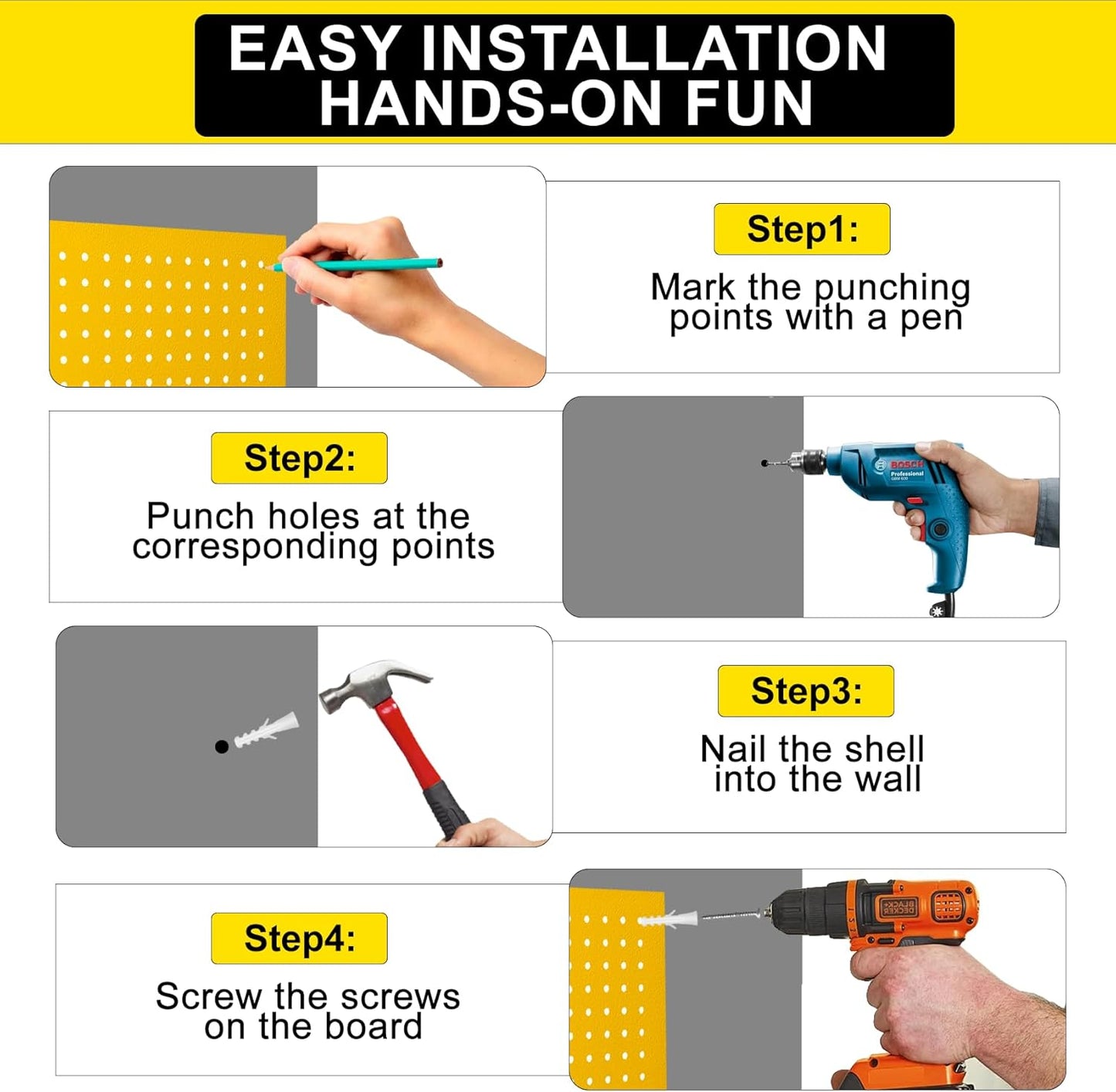 Metal Peg Board Panels for Workbench, Shop, Shed Modular Peg Board Organizer Board Kit, pegboard Wall Organizer(4 Pack, Yellow)