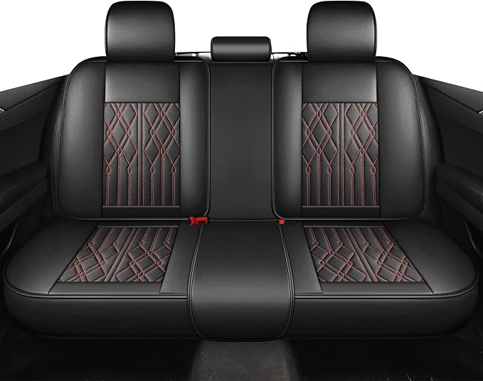 Huidasource Leather Back Row Seat Covers, Waterproof Rear Split Bench Car Seat Covers, Vehicle Seat Cushion Cover Protector Universal Fit for Most Cars Sedan SUV Pickup Truck(Back Row/Black&Red)