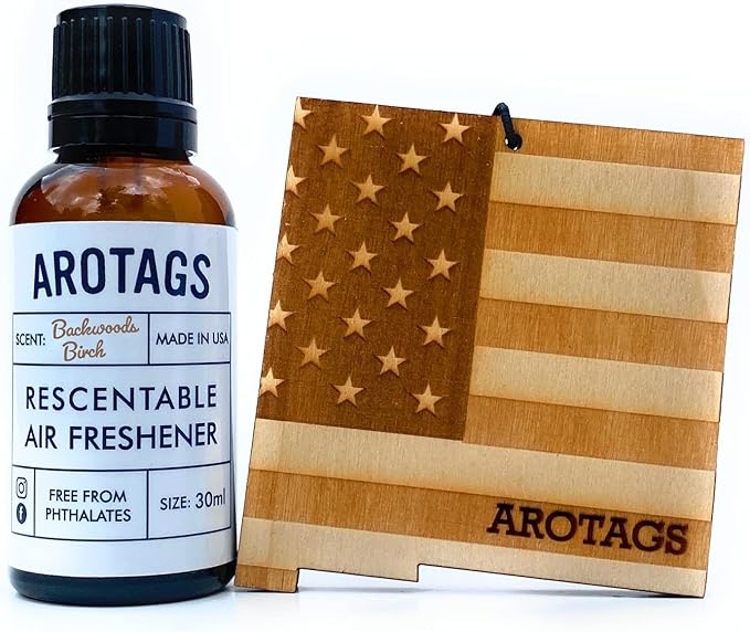 Arotags Car Air Freshener - Reusable Wood Diffuser - Hanging Odor Eliminator - New Mexico Patriot - Backwoods Birch Scent