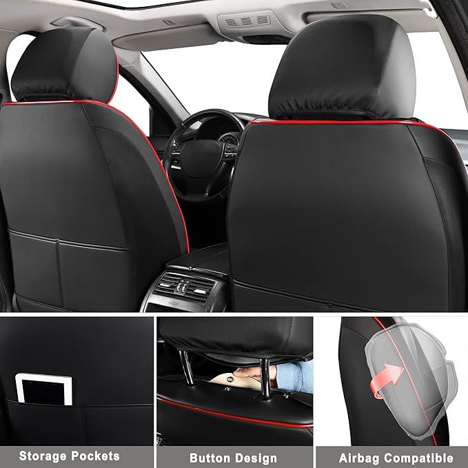 Huidasource Car Seat Covers Full Set, Leather Vehicle Cushion Covers, Universal Fit for Most Car Sedan SUV Pickup Truck, Fit for Acura Honda City Nissan Altima Mazda Hyundai (Full Set/Black&Red)