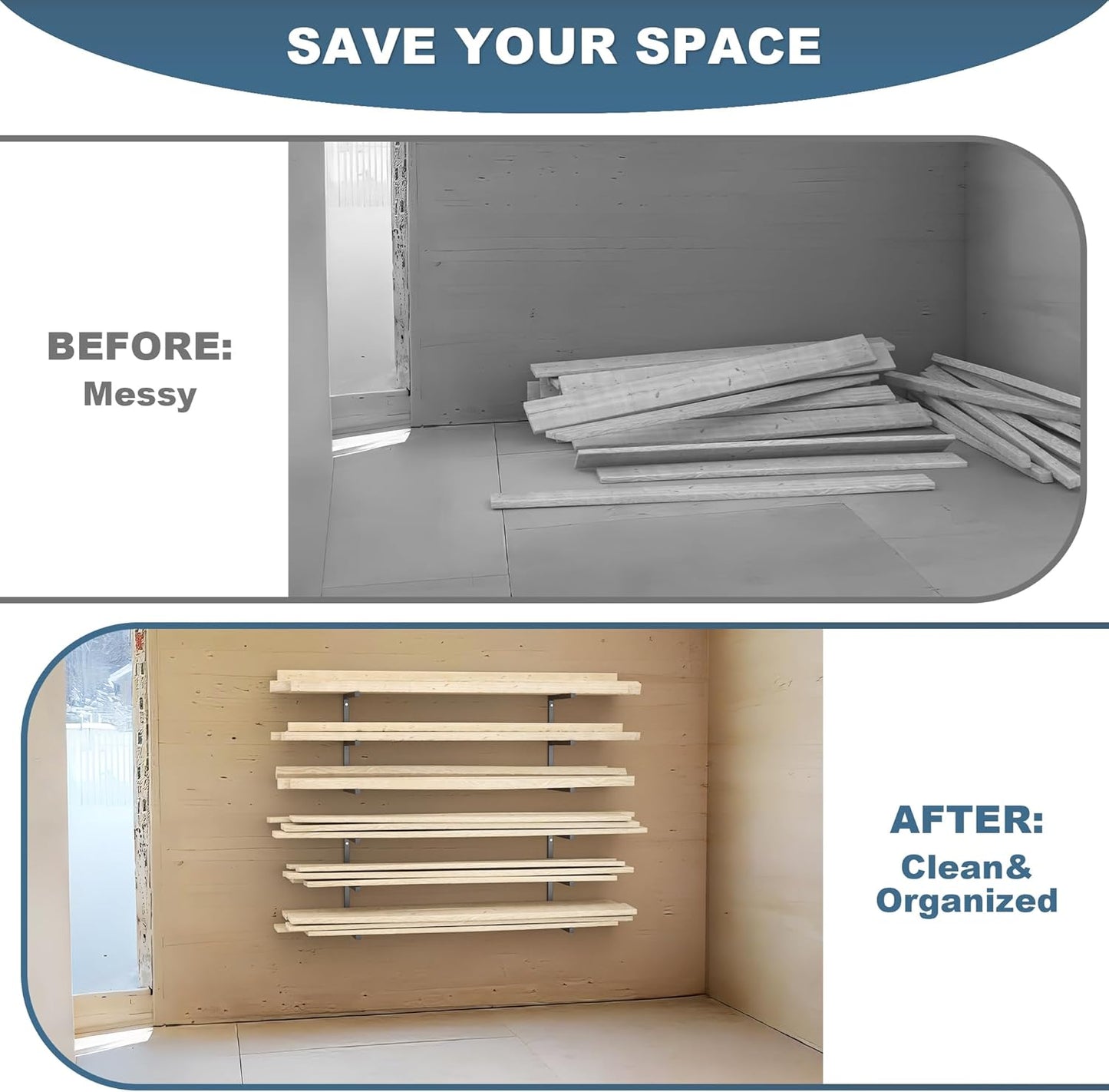 Ultrawall Lumber Storage Rack Wall Mount Wood Storage Racks, Metal Wood Organizer Racks for Shed, Workshop, Garage, Holds Up 220 LBS Per Level (Pack of 4, Black)