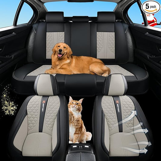 Black and Grey PU Leather Car Seat Covers - Luxury Waterproof Car Seat Covers with Lumbar Support, Non-Slip Base, Airbag Compatibility, Easy Installation and Cleaning