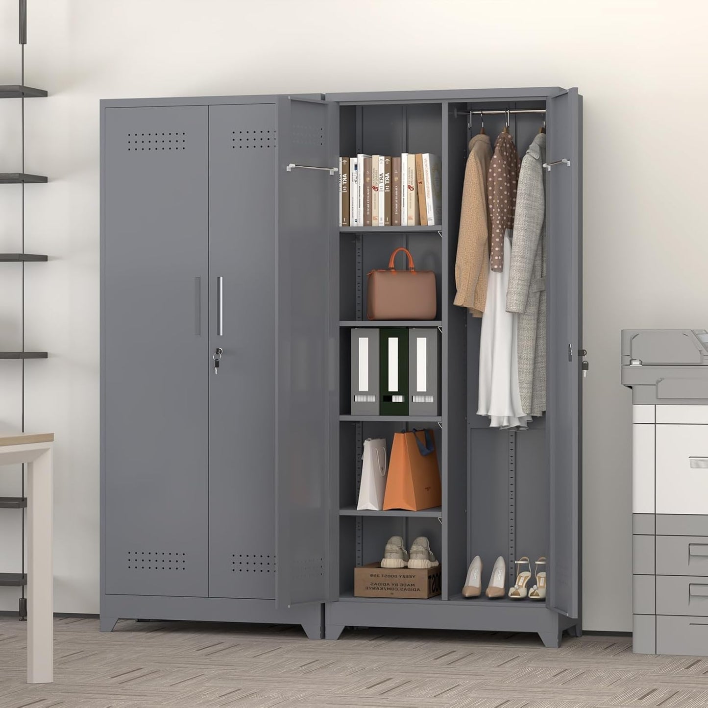 GREATMEET 65" Broom Storage Cabinet, Metal Utility Closet for Brooms and Mops, Cleaning Supply Cabinet with Pegboard, Multifunctional Metal Garage Mop Storage Closet, Grey