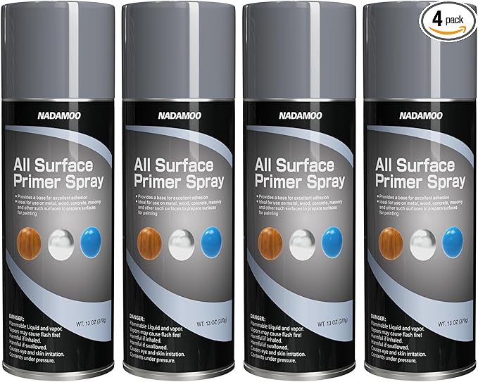 NADAMOO All Surface Primer Spray, One-Part Epoxy Primer Matte Gray, 4 Cans, Enhance Adhesion for Multi Surface - Porcelain, Glass, Metal, Plastic, Wood