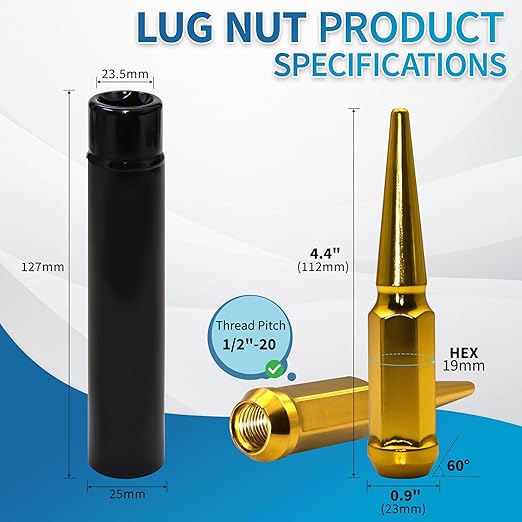 1/2"-20 Gold Wheel Spike Lug Nuts, 24 PCS Lug Nut Accessories with 1 Socket Key, Thread Spiked 4.4" Long Closed End Nuts Compatible with Wrangler Cherokee Explorer
