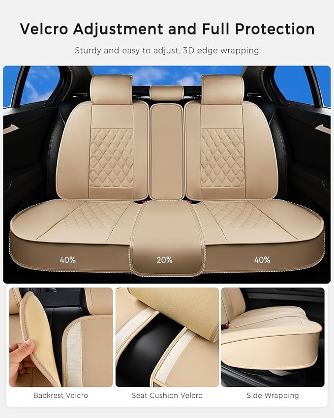 Huidasource Beige Rear Seat Cover, Nappa Leather Back Seat Cover Velcro Adjustable, Compatible with Armrests, Seat Belts, Child Safety Seats, Fit for Most Cars SUVs Trucks (Back Row/Beige)