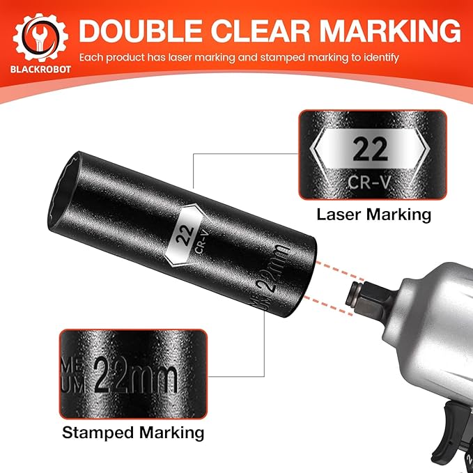BLACKROBOT 22 mm 12-Point Deep Impact Socket, 1/2 Inch Drive, Metric, Cr-V Steel With Black Manganese Phosphate Coating