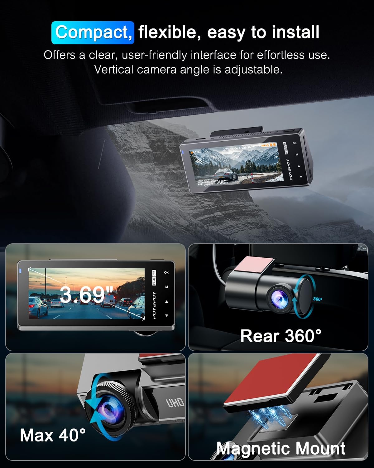 Dash Cam Front 4K Built-in 5GHz WiFi with CPL, Dash Camera for Cars with 64GB SD Card, App Control, 3.69" IPS Screen Dashcam with UHD 2160P, Night Vision, Loop Recording, Parking Mode, 170°Wide Angle