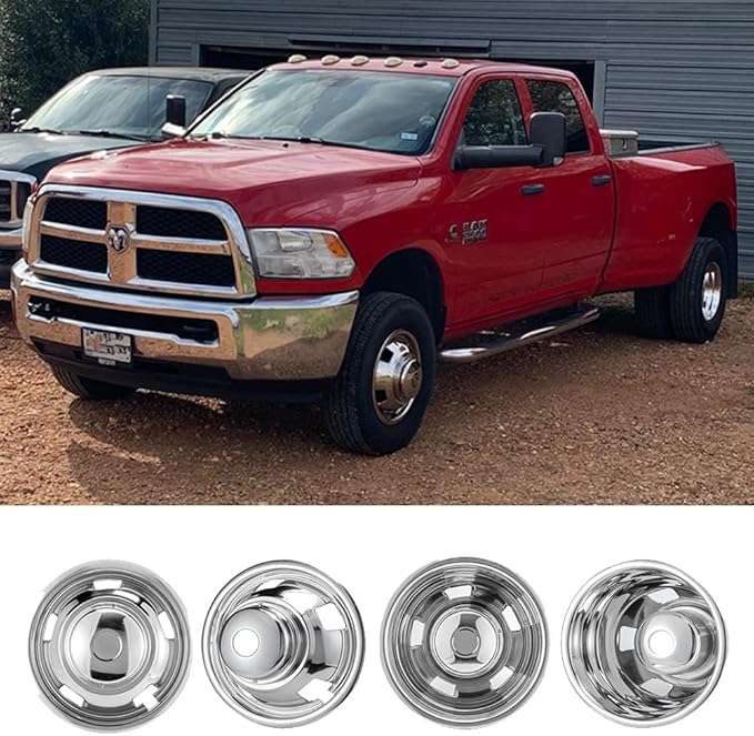 4pcs 17inch Front Rear Polished Stainless Steel Dually Wheel Simulators fit for 2003-2018 Dodge Ram 3500 Truck, 8 Lug with 5 Square Vent Holes Wheel Cover 17R8