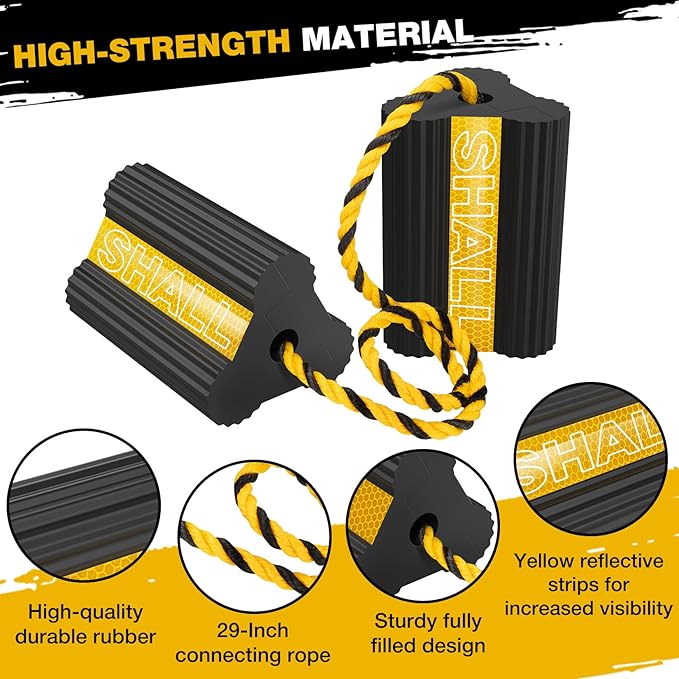 SHALL Wheel Chocks, Heavy Duty Rubber Wheel Chocks with 3 Reflective Strips, Solid Block Stopper for RV Trailer Camper Truck Car Aircraft, 2 Pair/4 Pack with Rope, Yellow
