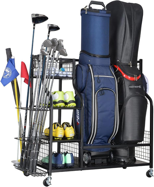 SNAIL Golf Bag Garage Storage Organizer Extra Large Size Golf Bag Rack Stand Holder Fits 2 Golf Bags and Other Golfing Equipment Accessories, Metal Black Golf Club Storage for Garage Shed and Basement