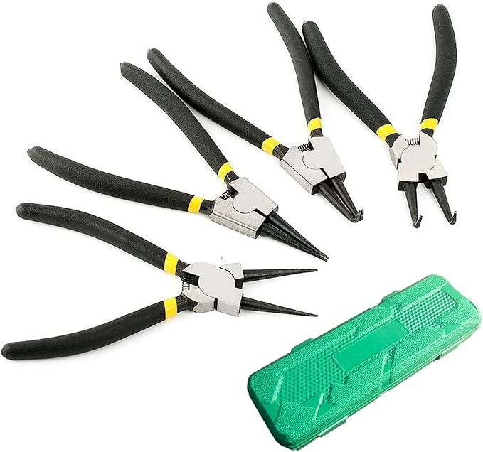 4 PCS Snap Ring Pliers Set – 7" Internal & External Circlip Pliers with Straight/Bent Jaw Tips, Heavy Duty CR-V Steel Retaining Ring Pliers Kit with Storage Box