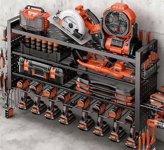 33" W Power Tool Organizer Wall Mount,4-Layer Heavy Duty Tool Storage with 10 Cordless Drill Holder,300 lb Capacity Garage Organization for Garage and Workshop,Black