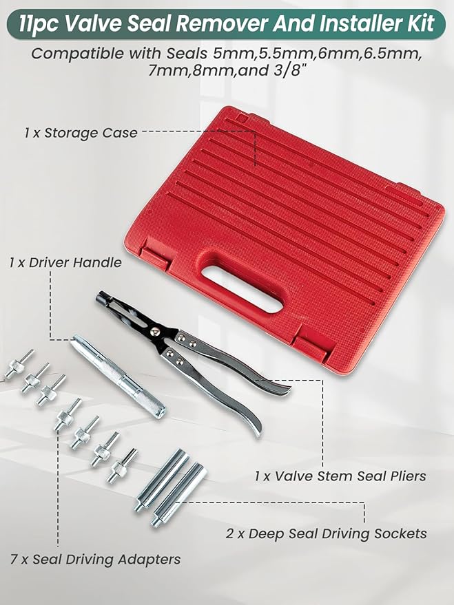 Valve Seal Installation Tool 11pcs Valve Stem Seal Removal and Installer Tool Disassembly Pliers Drive Handle Sockets Adapters Fits Most Engine