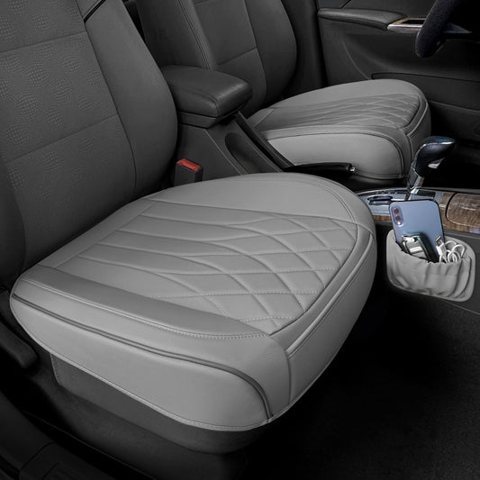 2 Pack Leather Front Car Seat Cover Bottom Car Seat, Universal Anti-Slip Driver Car Seat Protectors with Storage Pocket, Waterproof Bottom Auto Seat Cushion Pad Mat for Most Vehicles(Gray)