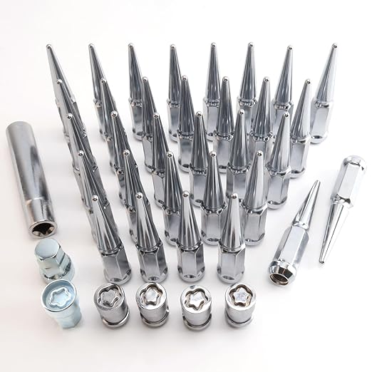 9/16 Wheel Locks Set, Fit for ram 1500, Ram 2500, Ram 3500, Chassis cab, Dakota, Durango?Aspen, Wheel Locks, 4 Locking Lug Nuts 2 Pcs Key with 32Pcs Spike Lug Nuts+1 Key, Chrome