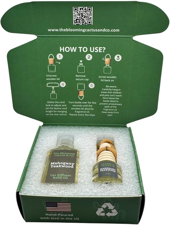 Car Air Freshener with 1 Oz Refill included | Car scented on the go | Car Air Freshener | Long Lasting Hanging Fragrance | Phthalate Free Fragrance. (Mahogany Teakwood, 8 ml)