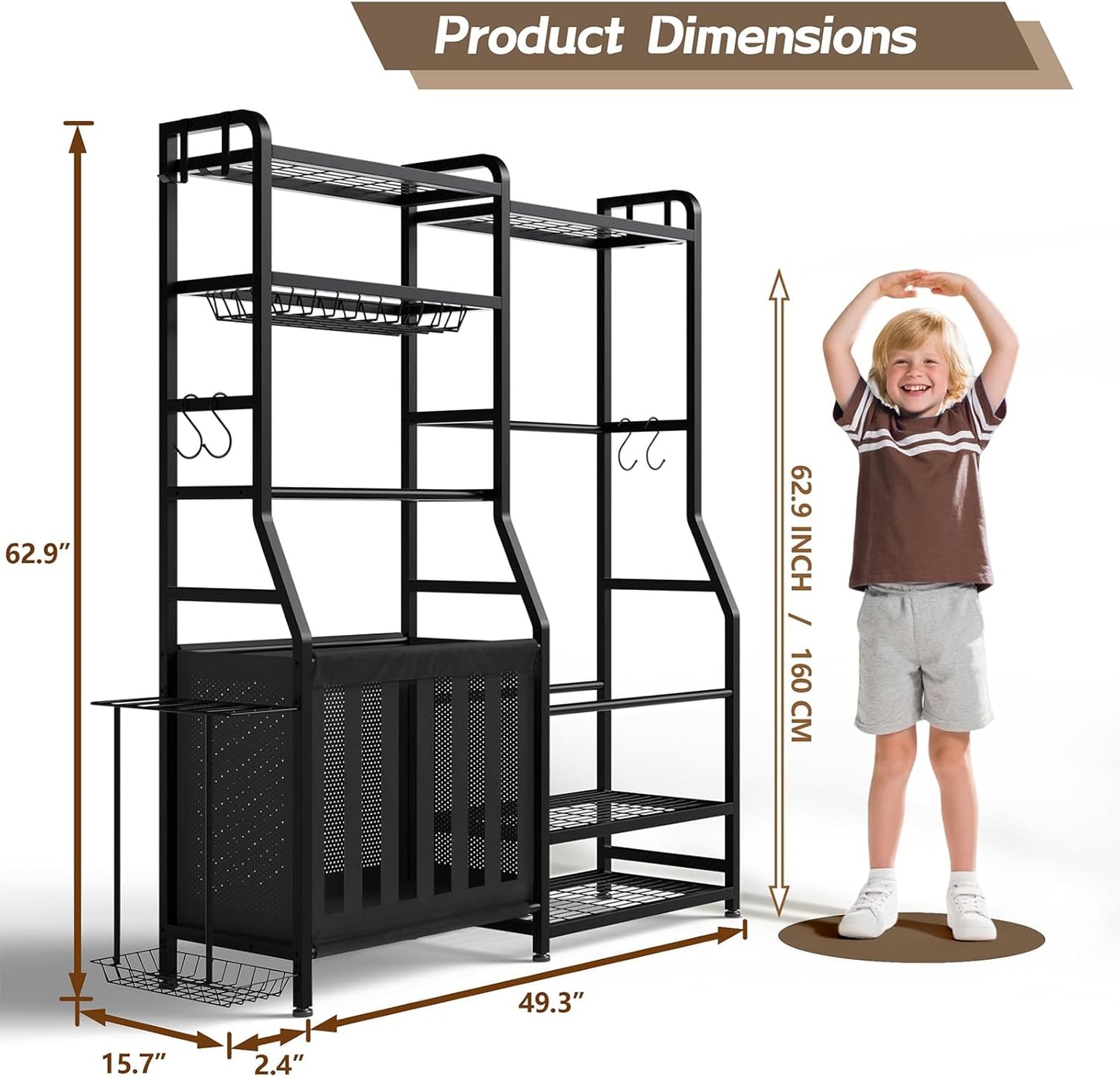 Garage Sports Equipment Organizer, Golf Bag Storage Rack, Heavy Duty Ball Holder with Basket & Hooks, Indoor/Outdoor Basketball Storage Bins for Toy Sports Gear Storage