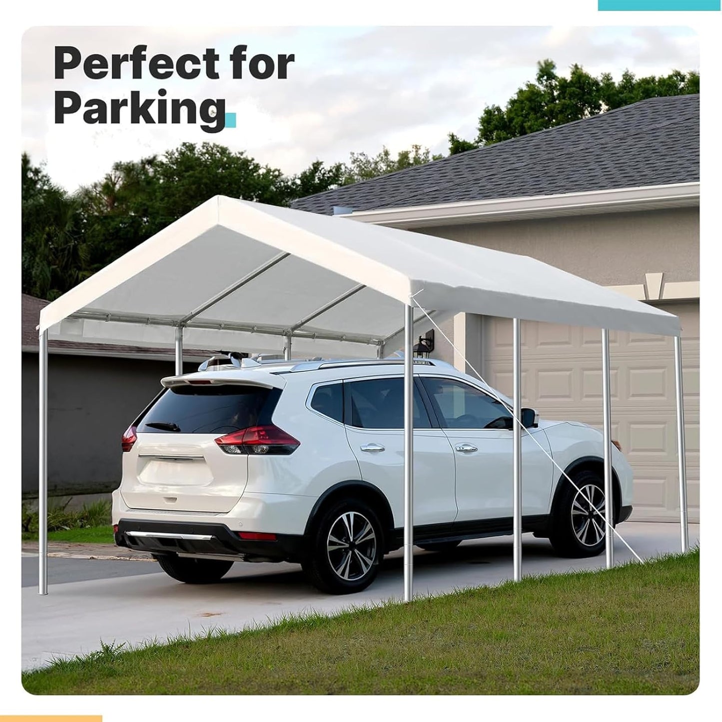 Carport Replacement Canopy Cover for 12 x 20 feet Car Tent Top Garage Shelter Cover Tarp with Ball Bungees (Only Top Cover, Frame Not Include (12 x 20', White)