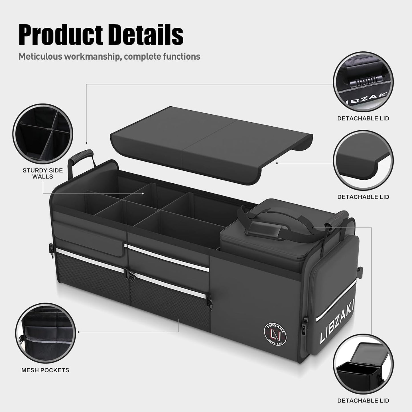 LIBZAKI Oversize 4 in 1 Car Trunk Storage Organizer, Multi Compartment Collapsible Trunk Storage Box with Cooler Bag for Car Truck SUV-Black