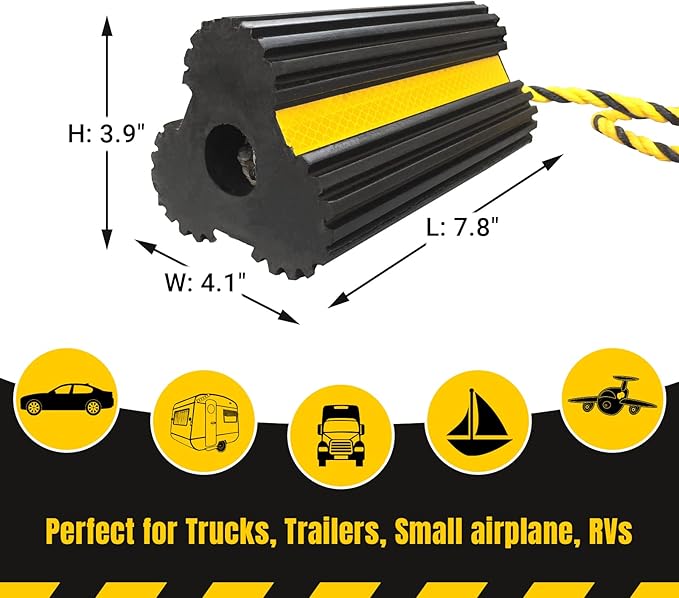 2 Pair Rubber Heavy Duty Dual Wheel Chocks Front and Back, RV Leveling Blocks Non Slip Base with Nylon Rope Yellow Reflective Tape for Travel Trailers, Car, Camper, Truck (4 Pack)