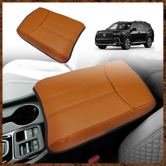 Muslogy Center Console Cover Compatible with Honda Pilot 2023 2024 2025, 2024-2026 Ridgeline/Passport Accessories Armrest Pad Lid Cushion Console Protector Vegan Leather Extra Soft(Light Brown)