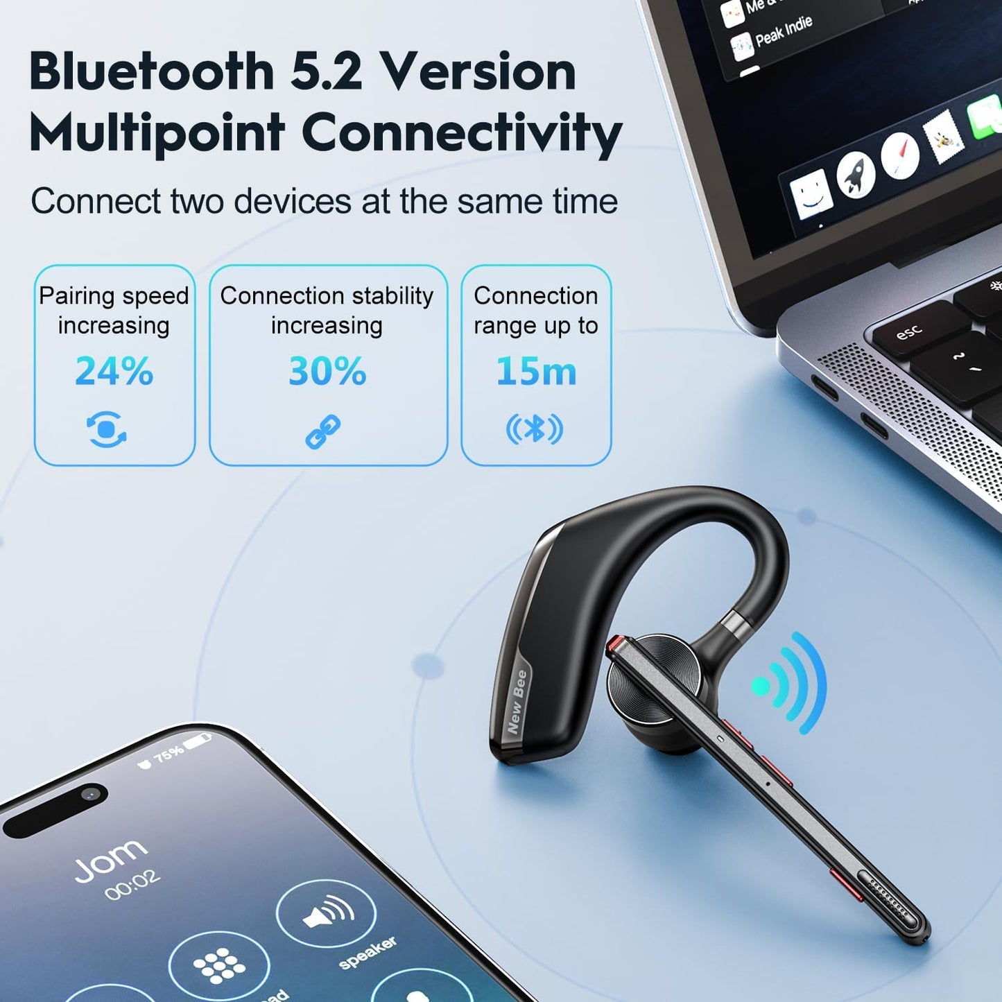 New bee Bluetooth Headset, Wireless Bluetooth Earpiece for Cellphone with 500mah Charging Case 80h Playtime V5.2 Dual Mic Noise Cancelling Hands-Free Earphones for Office Driver