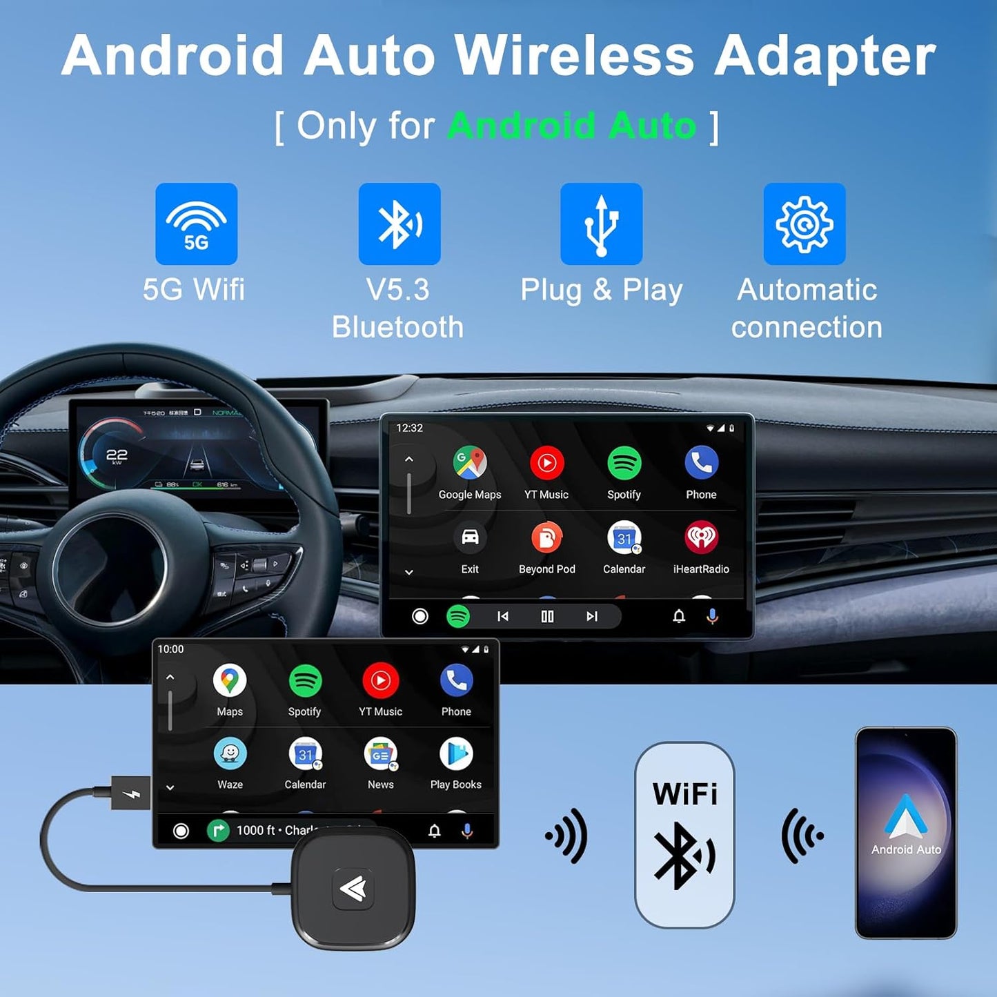 Android Auto Wireless Adapter Plug and Play Car Dongle for Factory Wired Android Auto in All Cars - Low Latency and Easy to Install