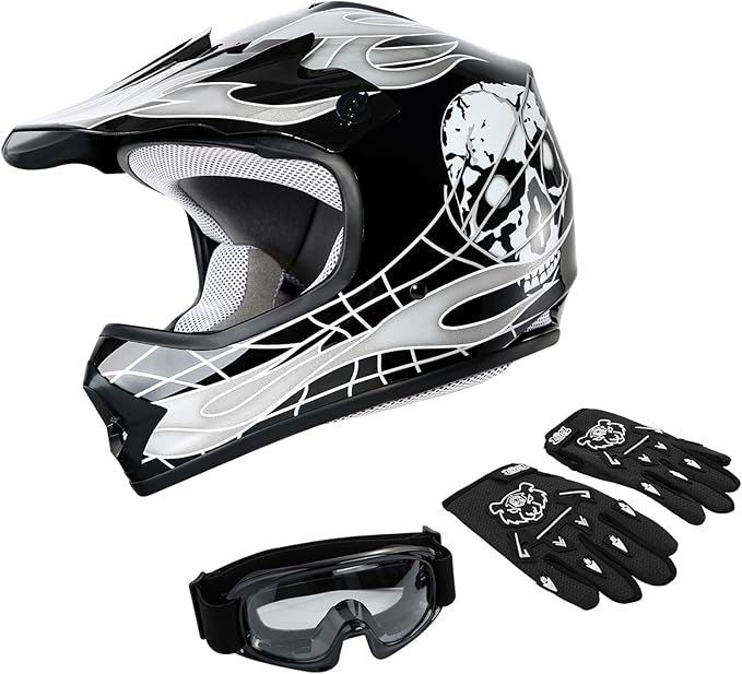 XFMT DOT Youth Kids Dirt Bike Helmet Full Face Motocross Helmets for Off-Road ATV Street Bike Four Wheeler Motorcycle with Goggles & Gloves, Black Skull Small