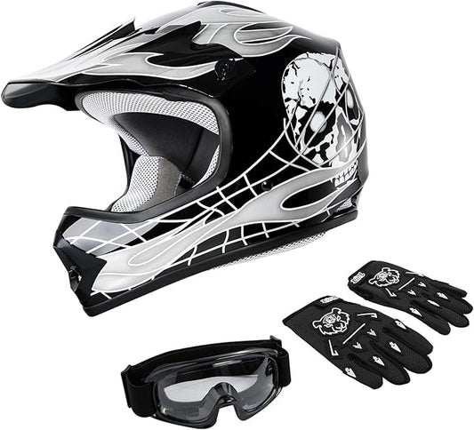 XFMT DOT Youth Kids Dirt Bike Helmet Full Face Motocross Helmets for Off-Road ATV Street Bike Four Wheeler Motorcycle with Goggles & Gloves, Black Skull Medium