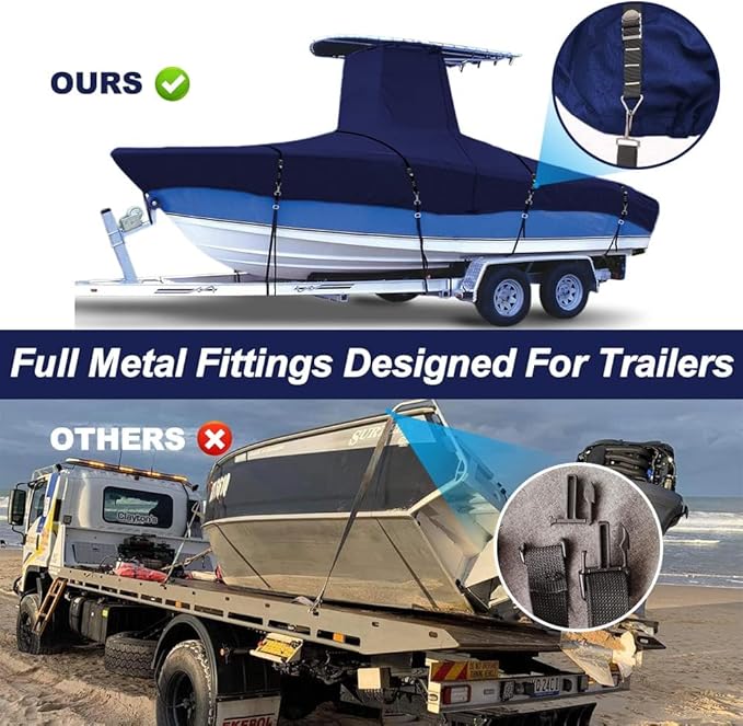 900D Marine Grade Fade and Tear Resistant Trailerable T-Top Boat Cover, Heavy-Duty Waterproof and UV-Proof T TOP Boat Storage Cover with Windproof Metal Buckle Straps Fit 24ft-26ft Long(Navy)