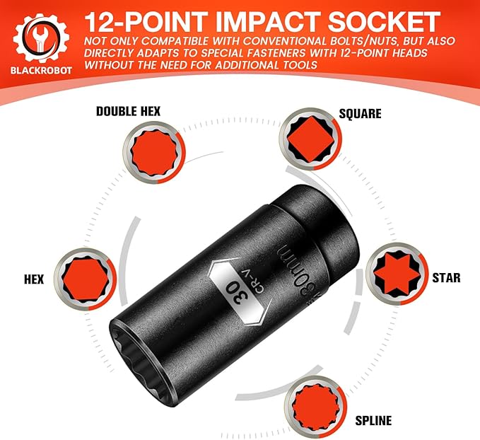BLACKROBOT 30 mm 12-Point Deep Impact Socket, 1/2 Inch Drive, Metric, Cr-V Steel With Black Manganese Phosphate Coating