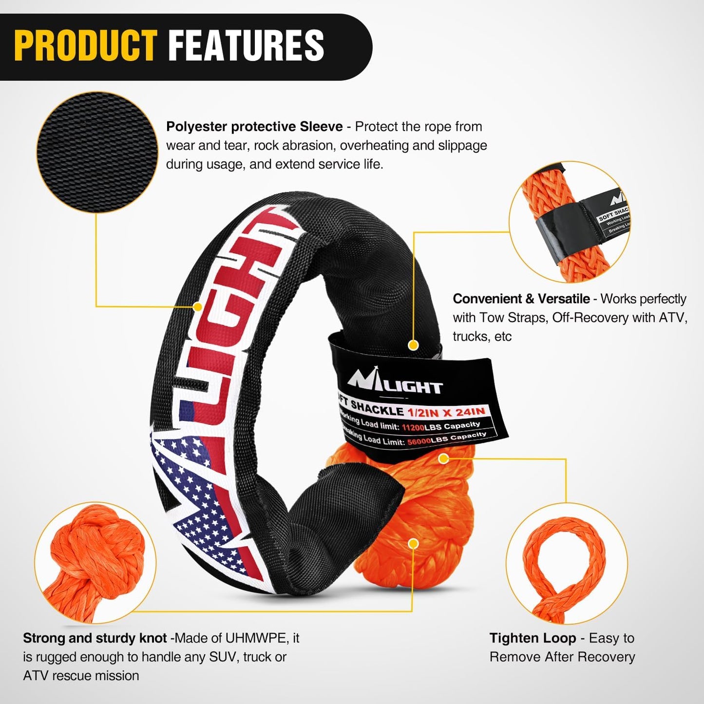 Nilight Synthetic Soft Shackle (56,000 LBS Breaking Strength) 1/2 Inch x 24 Inch 2PCS with Extra Sleeves for Sailing SUV Off Road Towing UTV ATV Trucks 4x4, 2 Years Warranty